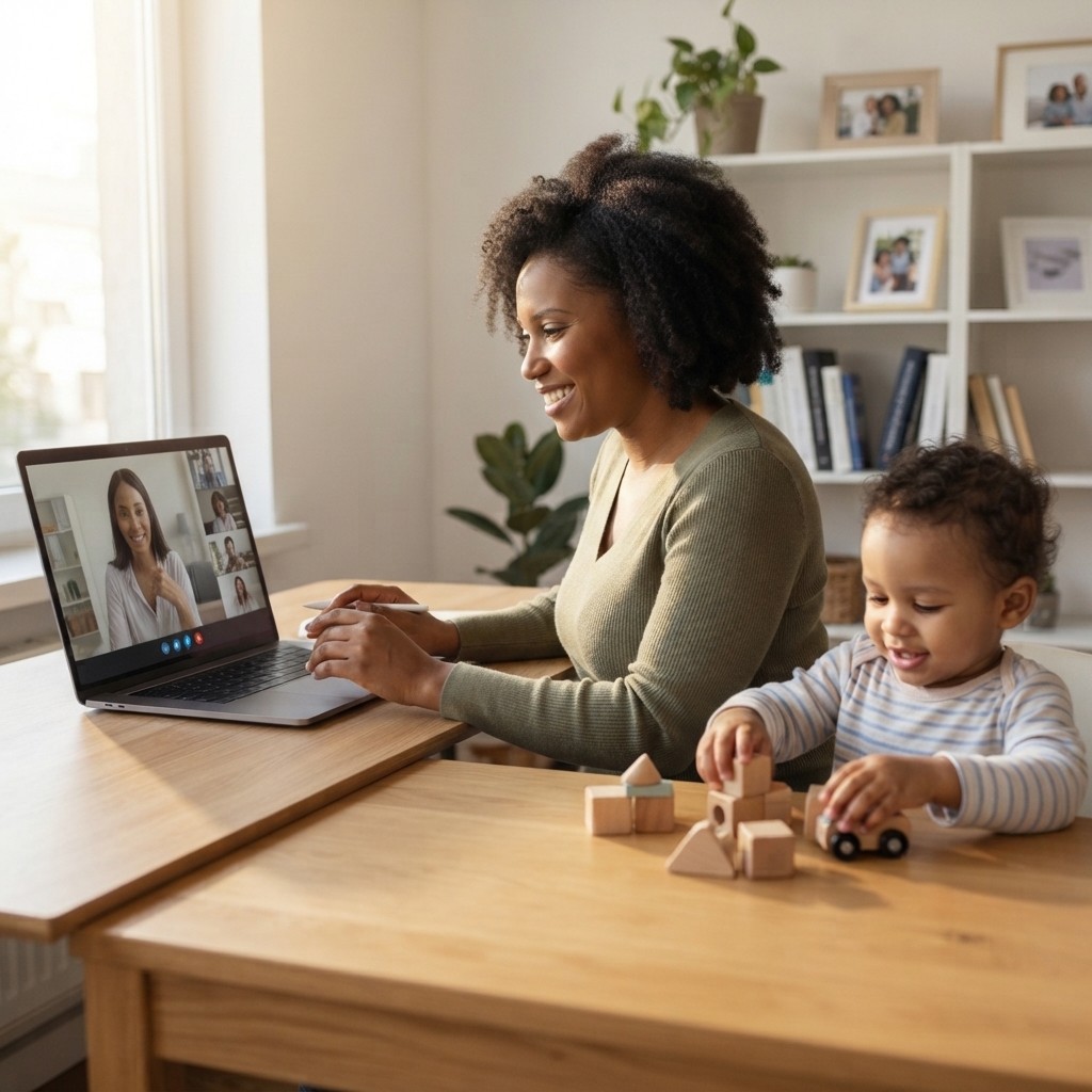 A mother on a video call at home while her toddler plays beside her